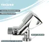 A close-up product shot of a chrome-plated brass valve with text overlays indicating product details and measurements. Produktbild-Vorschau
