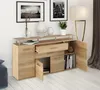 A wooden sideboard with open doors and drawers, displaying books and decorative items. Produktbild-Vorschau