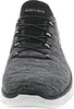 A close-up front view of a pair of gray and black Skechers sneakers with white soles. Podgląd zdjęcia produktu