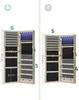 Two open jewelry cabinets are shown side-by-side, with dimensions and icons indicating features. Produktbild-Vorschau