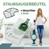 A woman is holding a vacuum cleaner next to vacuum cleaner bags and filters. Produktbild-Vorschau