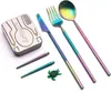A set of rainbow-colored cutlery and a case, along with two small green accessories, laid out on a white background. Náhľad obrázku produktu