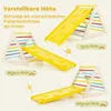 A collage of images showing a wooden climbing triangle with a yellow slide attachment in different configurations. Produktbild-Vorschau