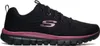 A side view of a black Skechers women's athletic shoe with pink accents. Voir les images du produit