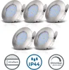 Five LED downlights are arranged in two rows on a white background, with three icons below them. Náhled obrázku produktu