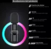 A black wireless microphone is shown against a dark background with colorful neon rings. Text on the right describes product features and specifications. Produktbild-Vorschau