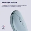 A close-up of a light blue wireless mouse with text overlays describing its features. Produktbild-Vorschau