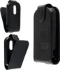 Collage of three views of a black leather phone case with a flip cover and belt clip. Náhľad obrázku produktu