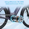 Close-up of an electric bicycle's mid-drive motor with technical specifications displayed. Produktbild-Vorschau