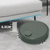 A robot vacuum cleaner is shown cleaning under a sofa, with a measurement indicating its low profile. Produktbild-Vorschau