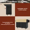 A collage of images showcasing a black kitchen island with a wooden countertop, highlighting its features like adjustable tabletop, storage, and extendable dining function. Produktbild-Vorschau
