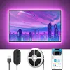 A TV screen displaying a futuristic city scene with purple lighting, accompanied by a remote control, a roll of LED strip lights, and a smartphone app interface. Produktbild-Vorschau