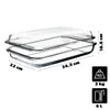 A glass baking dish with a lid, shown with dimensions and capacity indicated by text and icons. Anteprima dell’immagine prodotto