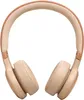 A pair of beige on-ear headphones with a brown fabric headband, shown from a front-facing angle against a white background. Voir les images du produit