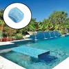 A close-up of a blue mesh filter cover is shown in the upper left corner, superimposed over a vibrant image of a swimming pool with a waterfall feature. Produktbild-Vorschau