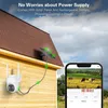 A security camera with a solar panel mounted on a wooden house, with a phone displaying the camera feed. Produktbild-Vorschau
