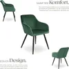 Multiple views of a green upholstered armchair with black metal legs, presented with descriptive text. Produktbild-Vorschau