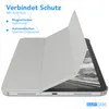 A light gray tablet case is shown open, revealing the tablet screen inside. Text overlays describe features of the case. Produktbild-Vorschau