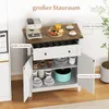 A white and brown sideboard with its doors and drawer open, displaying its storage compartments and contents. Produktbild-Vorschau