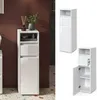 A white tall cabinet with drawers and a door, shown in a bathroom setting and as a standalone product. Produktbild-Vorschau