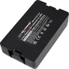 A black battery pack with a label showing product information and warnings. Produktbild-Vorschau