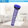 A vacuum cleaner filter is shown in a blurred living room setting with green leaves and air currents depicted around it. Produktbild-Vorschau
