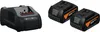 A black battery charger and two black 18V batteries are shown against a white background. Produktbild-Vorschau