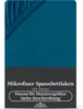 A teal-colored fitted sheet is shown folded and partially laid out, with text overlays providing product details. Produktbild-Vorschau