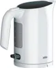 A white electric kettle with a black lid and a water level indicator. Produktbild-Vorschau