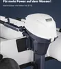 Close-up of an outboard motor attached to the back of an inflatable boat. Voir les images du produit