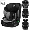 A black and gray car seat is shown from the front, with smaller images of the car seat in different configurations on the right. Produktbild-Vorschau