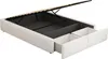 A white upholstered bed frame with the mattress support lifted to reveal storage space and two open drawers. Produktbild-Vorschau