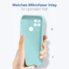 A hand holding a light blue phone case against a white background. Produktbild-Vorschau