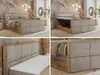 A collage of four images showcasing a bed with storage, including a view of the open storage compartment and a close-up of the headboard and mattress. Produktbild-Vorschau