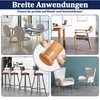 A collage of images showcasing chair leg protectors on various types of chairs and in different settings. Produktbild-Vorschau