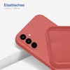 A close-up of a red phone case, showing the camera cutout and the interior texture. Text overlays describe the material. Produktbild-Vorschau