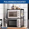 A kitchen shelf unit holding two appliances, likely a toaster oven and a microwave, with jars of food and kitchen utensils on top and hanging from the side. Podgląd zdjęcia produktu