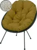 A round, tufted cushion chair with black metal legs, shown against a white background. A small inset circle shows a close-up of the cushion's filling. Produktbild-Vorschau