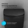 A close-up marketing image of a black toilet with text overlays highlighting features. Produktbild-Vorschau