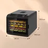 A black food dehydrator with multiple trays filled with sliced fruits and vegetables, shown with dimensions indicated by dashed lines and measurements. Náhľad obrázku produktu