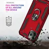 A red phone case with a ring holder is shown in a dynamic pose, with debris flying around it, suggesting durability and protection. Produktbild-Vorschau