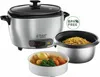 A Russell Hobbs rice cooker with a glass lid, shown with a separate inner pot filled with rice and a bowl containing cooked vegetables and potatoes. Podgląd zdjęcia produktu