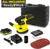 A collection of tools and accessories for a power sander, including the sander itself, batteries, charger, dust collector, and sanding discs, all presented in a marketing-style layout with text overlays. Produktbild-Vorschau
