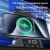A smartphone is charging on a wireless charging stand that also functions as a digital clock. Produktbild-Vorschau