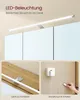 A collage showing a LED light bar above mirrored cabinet doors, a close-up of mounting hardware on wood, and a hand plugging a device into a wall socket. Produktbild-Vorschau