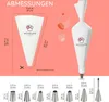 A marketing image showing a pastry bag and various piping tips with dimensions and branding. Anteprima dell’immagine prodotto