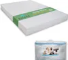 A white mattress topper is shown from a slightly elevated angle, with a green band around it containing brand and certification information. Below it, a clear plastic bag contains a folded duvet or comforter, with a printed image of a family on it. Produktbild-Vorschau