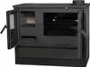 A black wood-burning stove with its doors open, showing the interior compartments. Produktbild-Vorschau