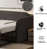 A close-up view of a grey upholstered daybed with a mattress, next to a nightstand. Icons and text describing product features are on the right side. Anteprima dell’immagine prodotto