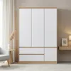 A modern wardrobe with white doors and a wood-effect frame, set in a well-lit room with a chair and a side table. Anteprima dell’immagine prodotto